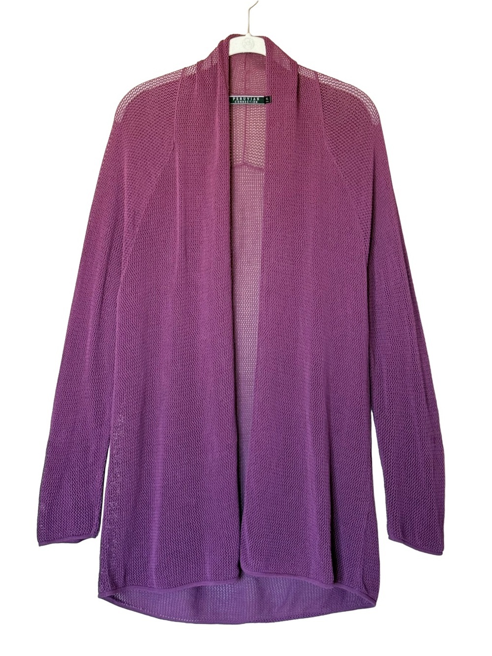 Peruvian Connection Mesh Knit Cardigan Pima Cotton Purple Open Front Women’s L